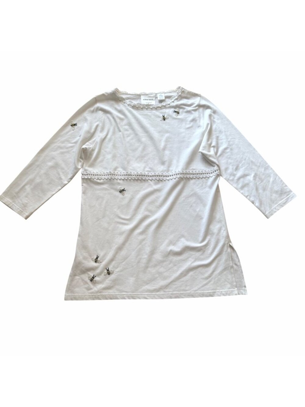 Michael Simon New York Women's 3/4 Sleeve Top XL White Crochet Trim Bee Beaded